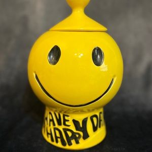 Vintage McCoy USA Pottery Smiley Face Cookie Jar Have A Happy Day With Lid Retro